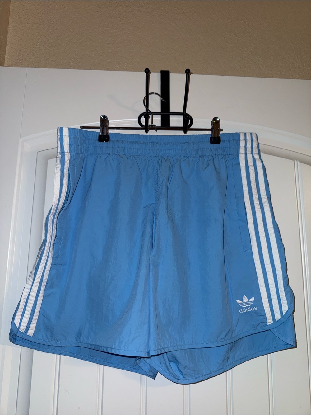 adidas Light Blue Athletic Shorts with White Stripes